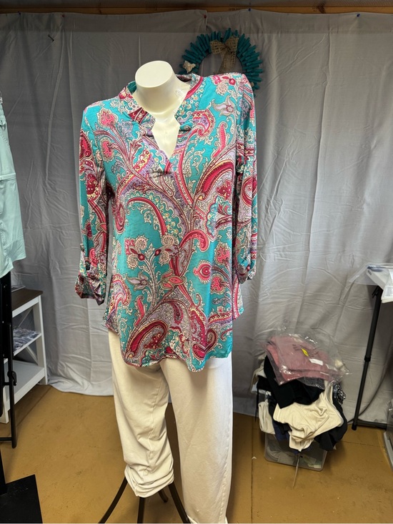 Dear Scarlett Tops - Dear Scarlett Turquoise Paisley V-Neck Blouse - Women